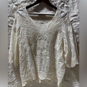Aziza Lace Mesh floral Top Cream Edwardian Fairy Cottage size S/M Y2K Vintage